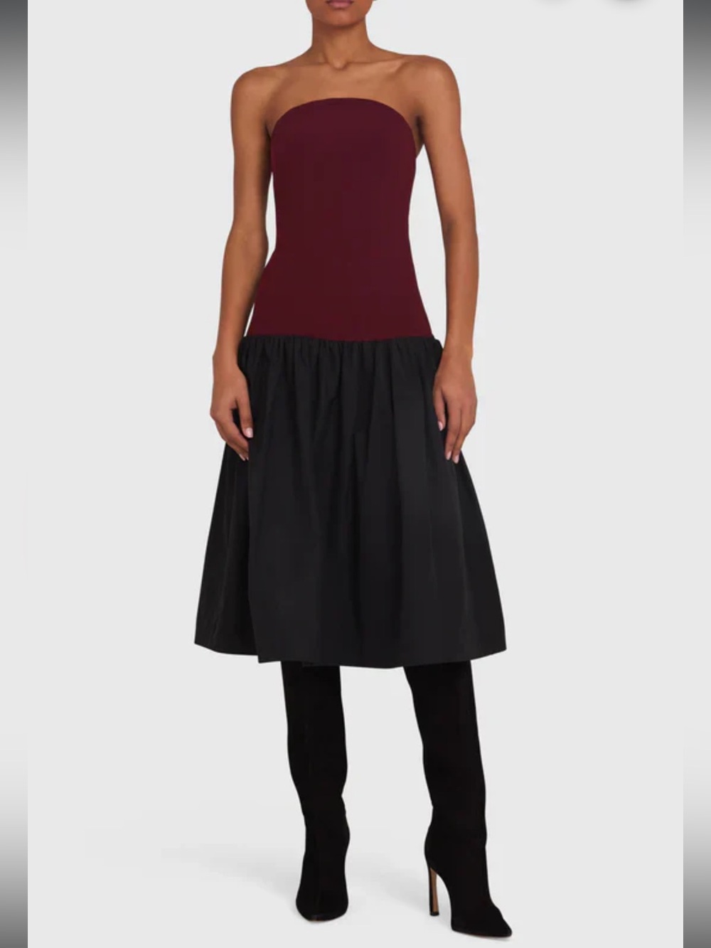 Amanda Uprichard Valencia Dress Strapless Midi Dress in Burgundy and Black NWT